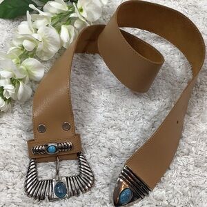 Gail Labelle leather belt silver turquoise buckle